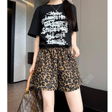 Leopard print sports shorts women's loose 2025 new outer wear thin straight three - point pants high waist small wide leg pants - Negative Apparel