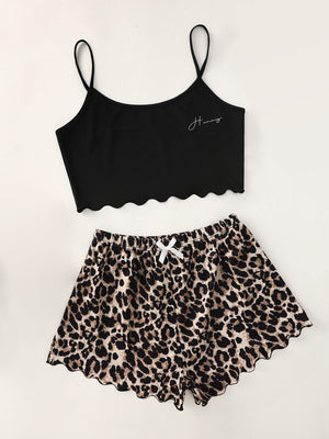 Letter Graphic Scallop Hem Cami Top And Leopard Shorts PJ Set - Negative Apparel