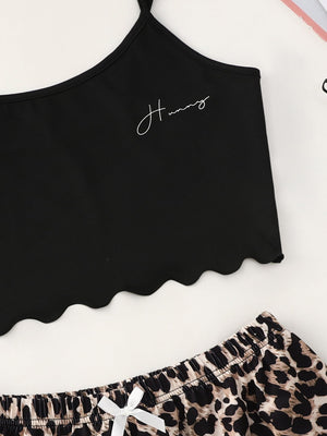 Letter Graphic Scallop Hem Cami Top And Leopard Shorts PJ Set - Negative Apparel