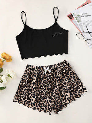 Letter Graphic Scallop Hem Cami Top And Leopard Shorts PJ Set - Negative Apparel