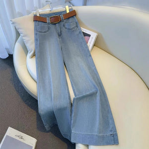 Light Blue Women’s High - Waist Wide - Leg Denim Jeans – Button Detail Commuter Style | Temperament Chic Spring 2025 Collection - Negative Apparel