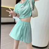 Light green ice silk Yamamoto shorts outside women's summer 2025 new high - waisted wide - leg medium pants loose casual five - point pants - Negative Apparel