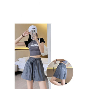 Light green ice silk Yamamoto shorts outside women's summer 2025 new high - waisted wide - leg medium pants loose casual five - point pants - Negative Apparel