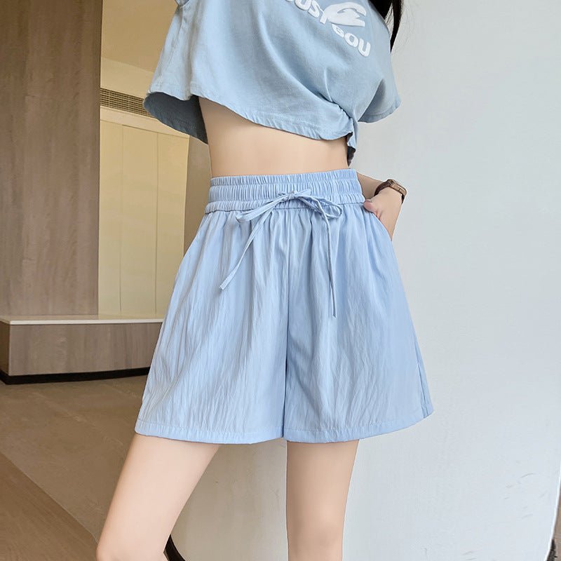 Light green ice silk Yamamoto shorts outside women's summer 2025 new high - waisted wide - leg medium pants loose casual five - point pants - Negative Apparel
