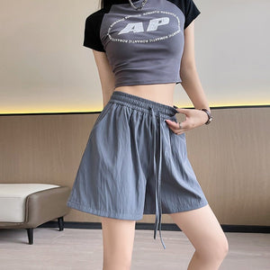 Light green ice silk Yamamoto shorts outside women's summer 2025 new high - waisted wide - leg medium pants loose casual five - point pants - Negative Apparel