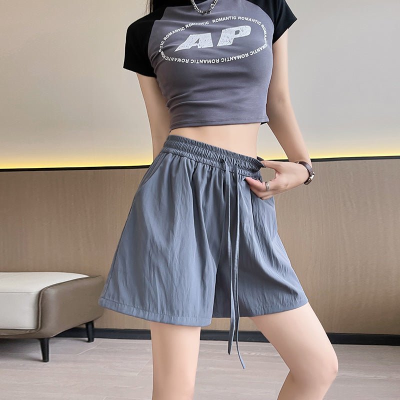 Light green ice silk Yamamoto shorts outside women's summer 2025 new high - waisted wide - leg medium pants loose casual five - point pants - Negative Apparel