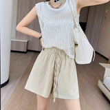 Light green ice silk Yamamoto shorts outside women's summer 2025 new high - waisted wide - leg medium pants loose casual five - point pants - Negative Apparel