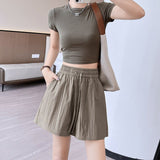 Light green ice silk Yamamoto shorts outside women's summer 2025 new high - waisted wide - leg medium pants loose casual five - point pants - Negative Apparel