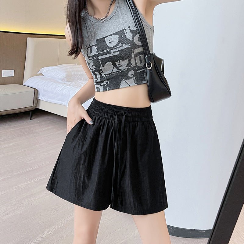 Light green ice silk Yamamoto shorts outside women's summer 2025 new high - waisted wide - leg medium pants loose casual five - point pants - Negative Apparel