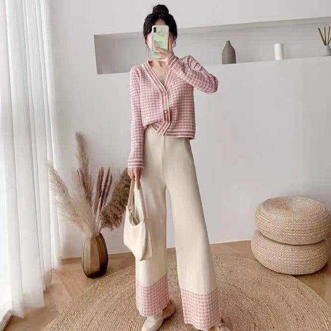 Light Ripe Wind Retro Thousand Birds Grid Knitted Muse Fan Two - piece Suit Spring Suit - Negative Apparel
