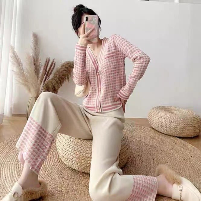 Light Ripe Wind Retro Thousand Birds Grid Knitted Muse Fan Two - piece Suit Spring Suit - Negative Apparel