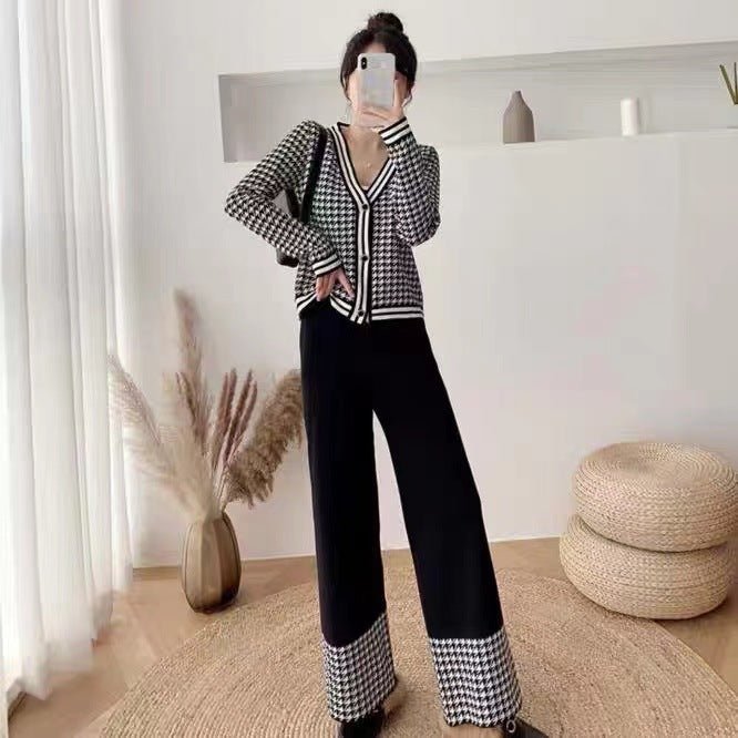 Light Ripe Wind Retro Thousand Birds Grid Knitted Muse Fan Two - piece Suit Spring Suit - Negative Apparel