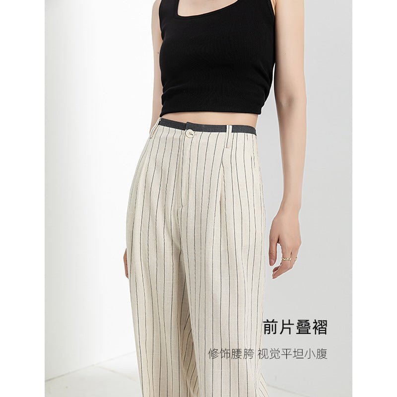 Linen summer thin high waist and thin drape women's small casual versatile striped narrow wide - leg pants - Negative Apparel