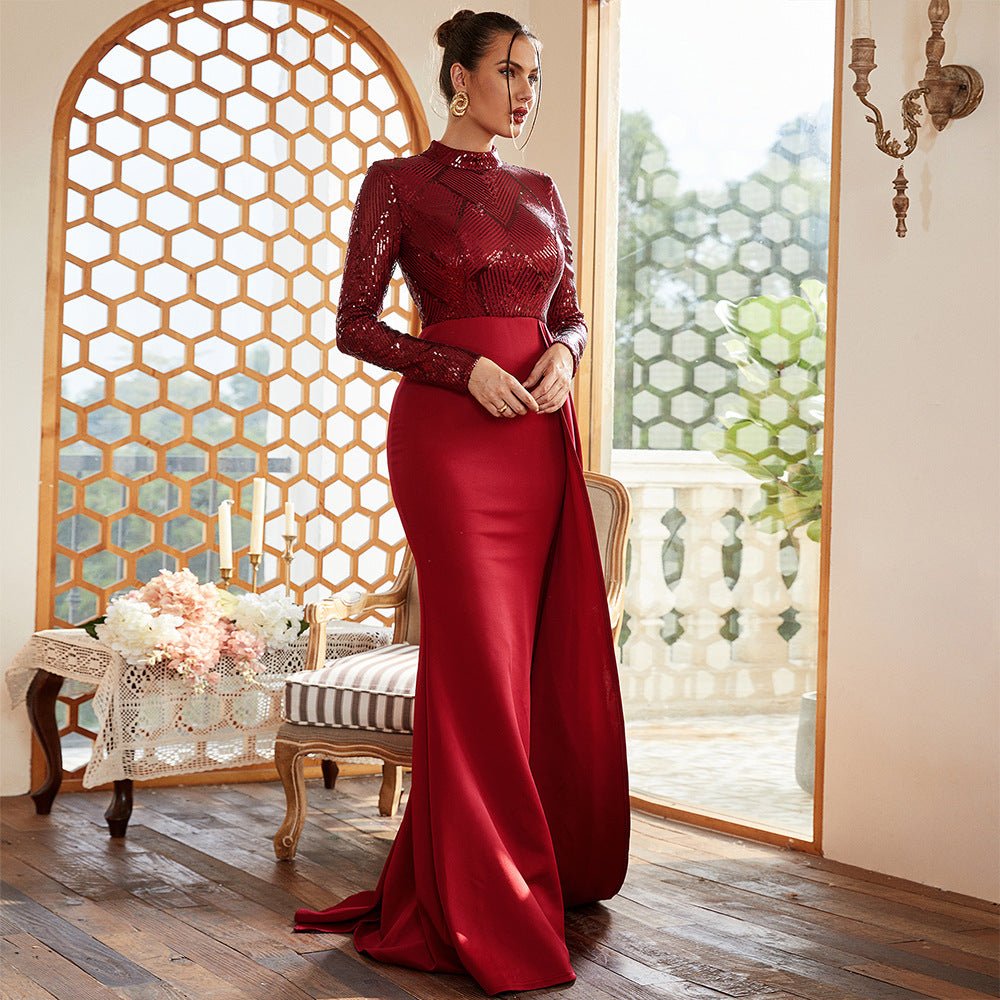 Long sequined round neck banquet evening dress bridesmaid dress - Negative Apparel