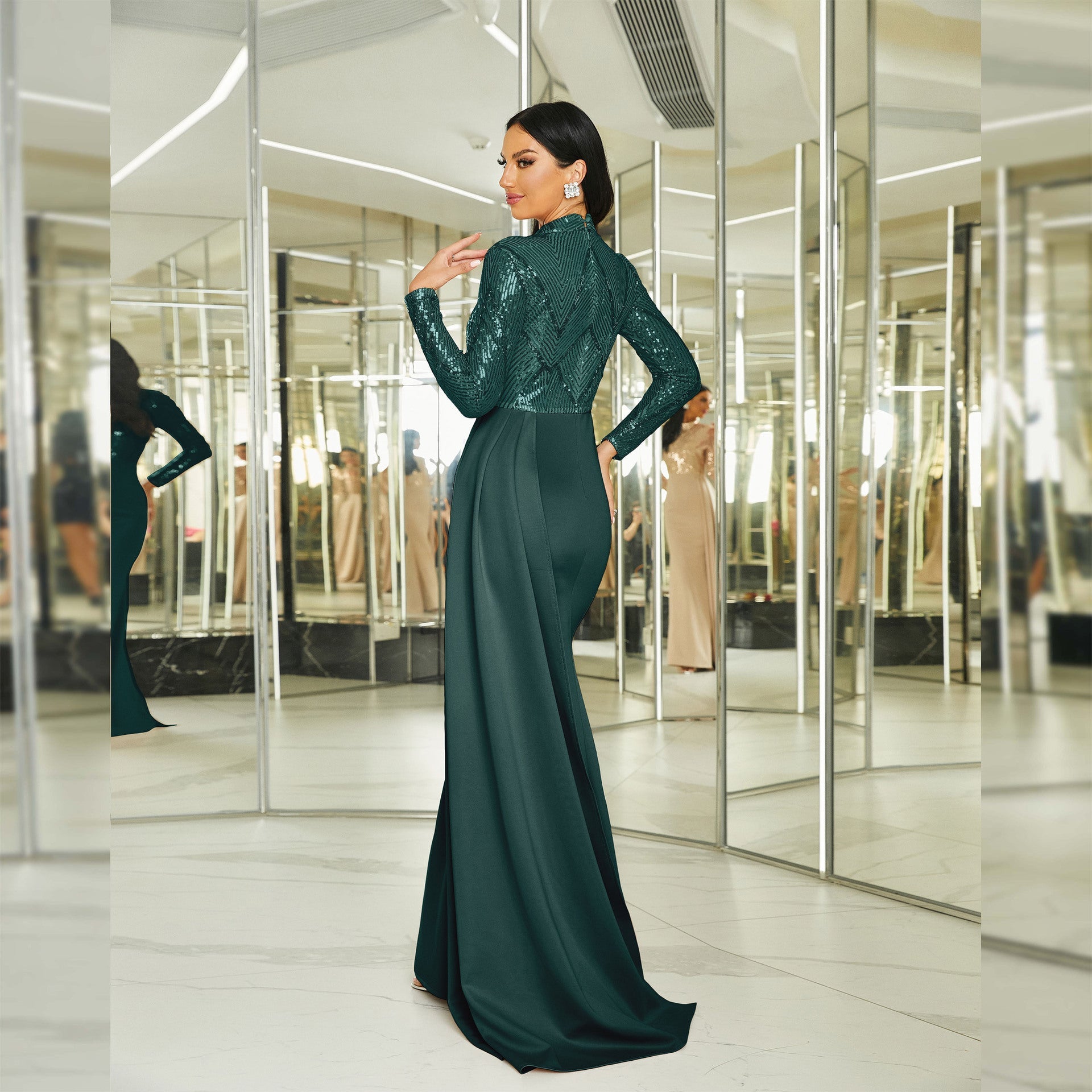 Long sequined round neck banquet evening dress bridesmaid dress - Negative Apparel