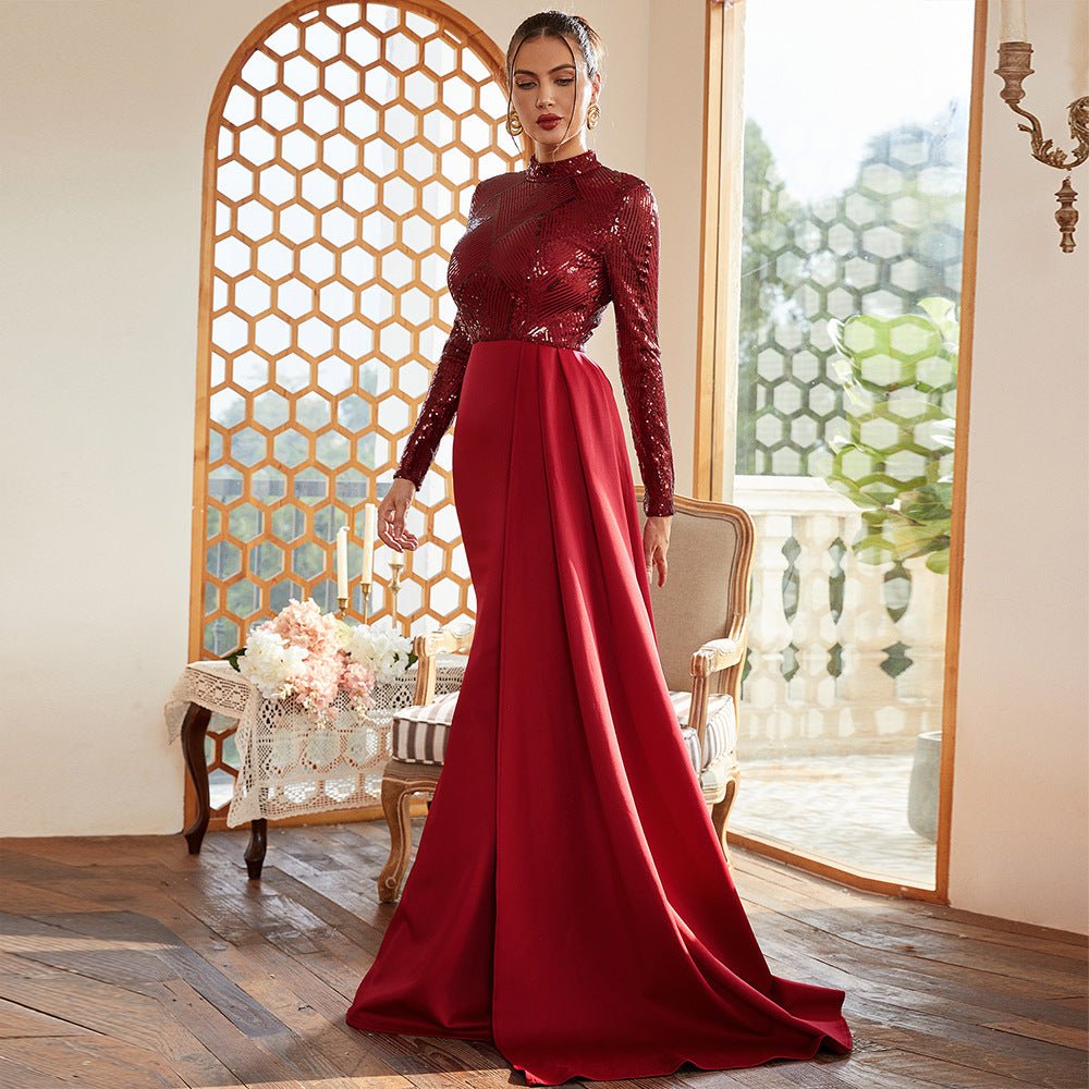 Long sequined round neck banquet evening dress bridesmaid dress - Negative Apparel