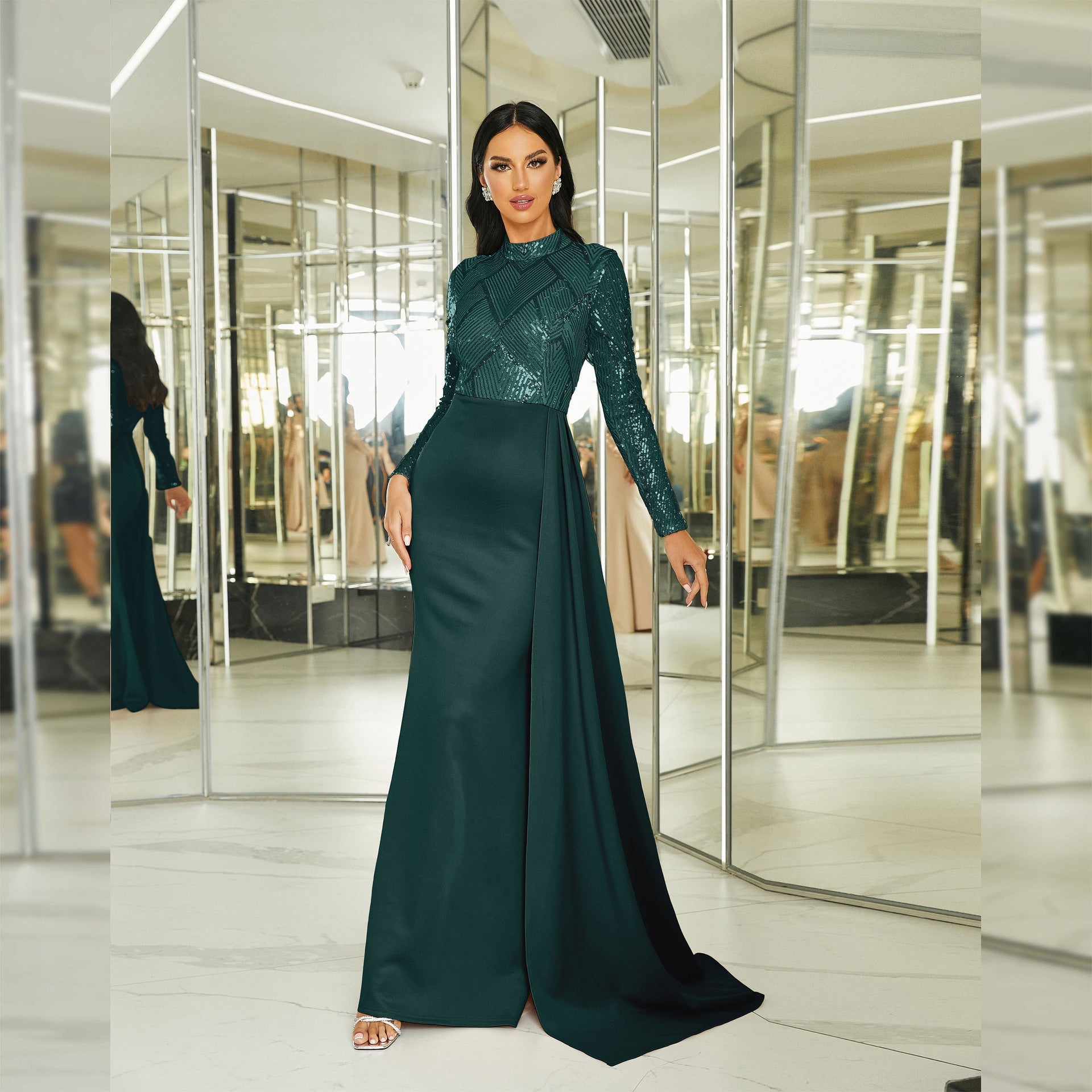 Long sequined round neck banquet evening dress bridesmaid dress - Negative Apparel