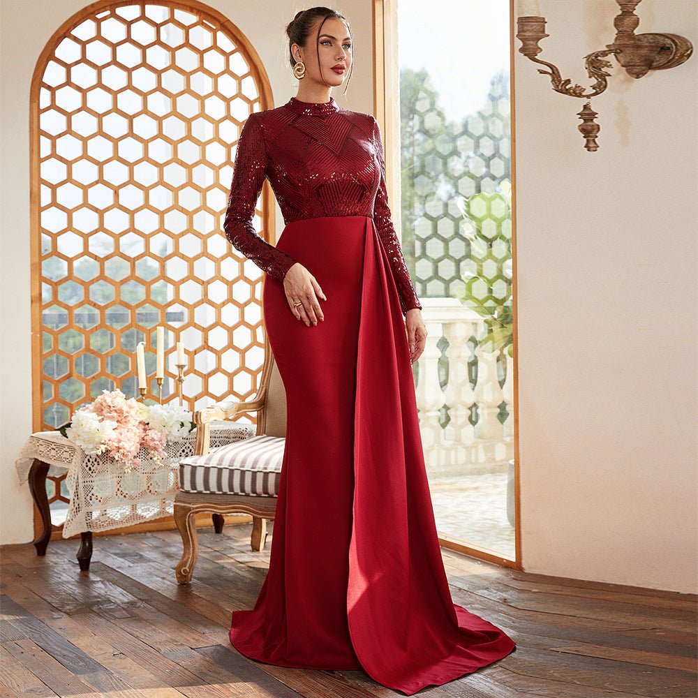 Long sequined round neck banquet evening dress bridesmaid dress - Negative Apparel