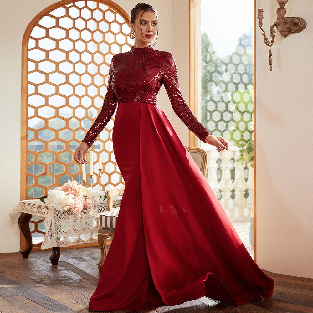 Long sequined round neck banquet evening dress bridesmaid dress - Negative Apparel