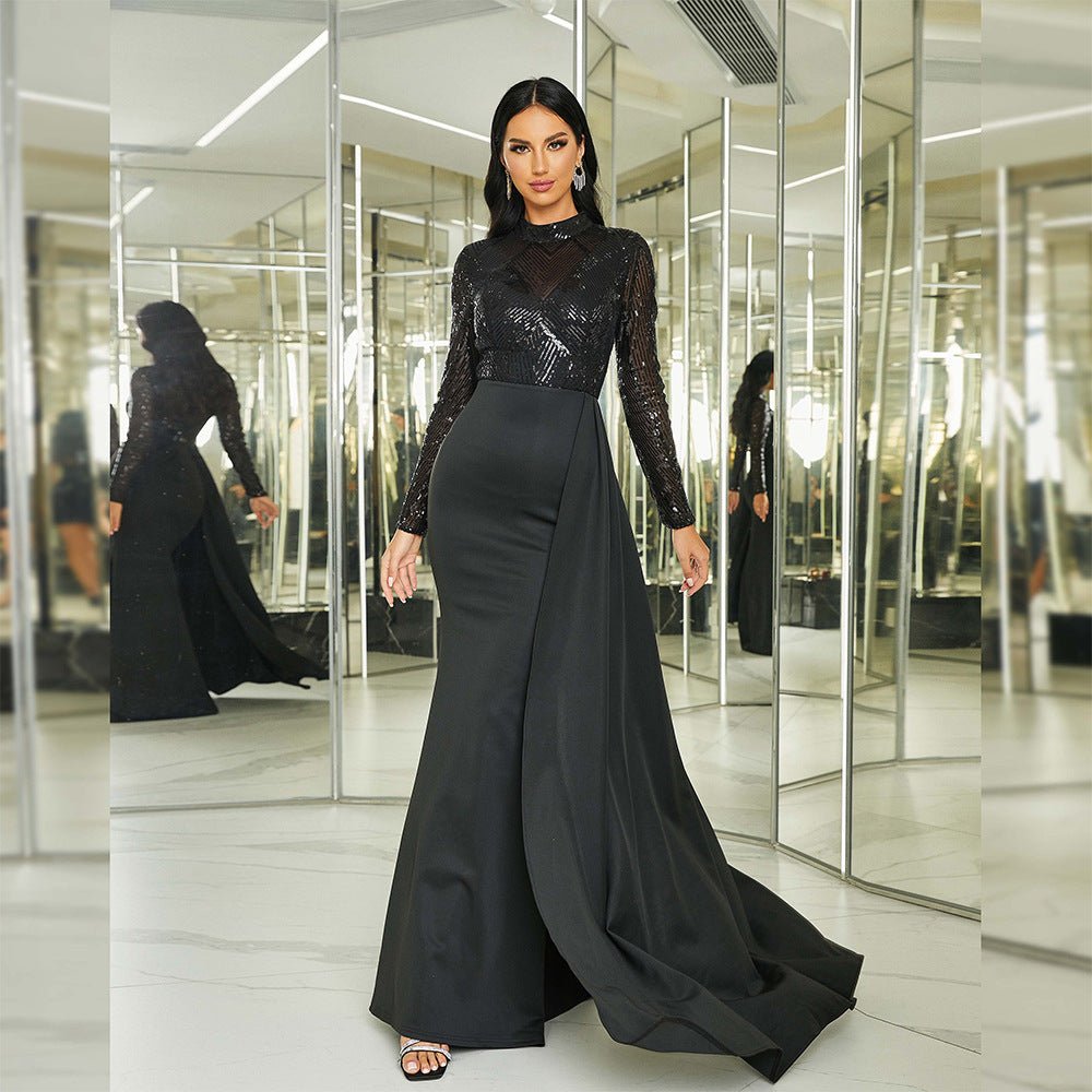 Long sequined round neck banquet evening dress bridesmaid dress - Negative Apparel
