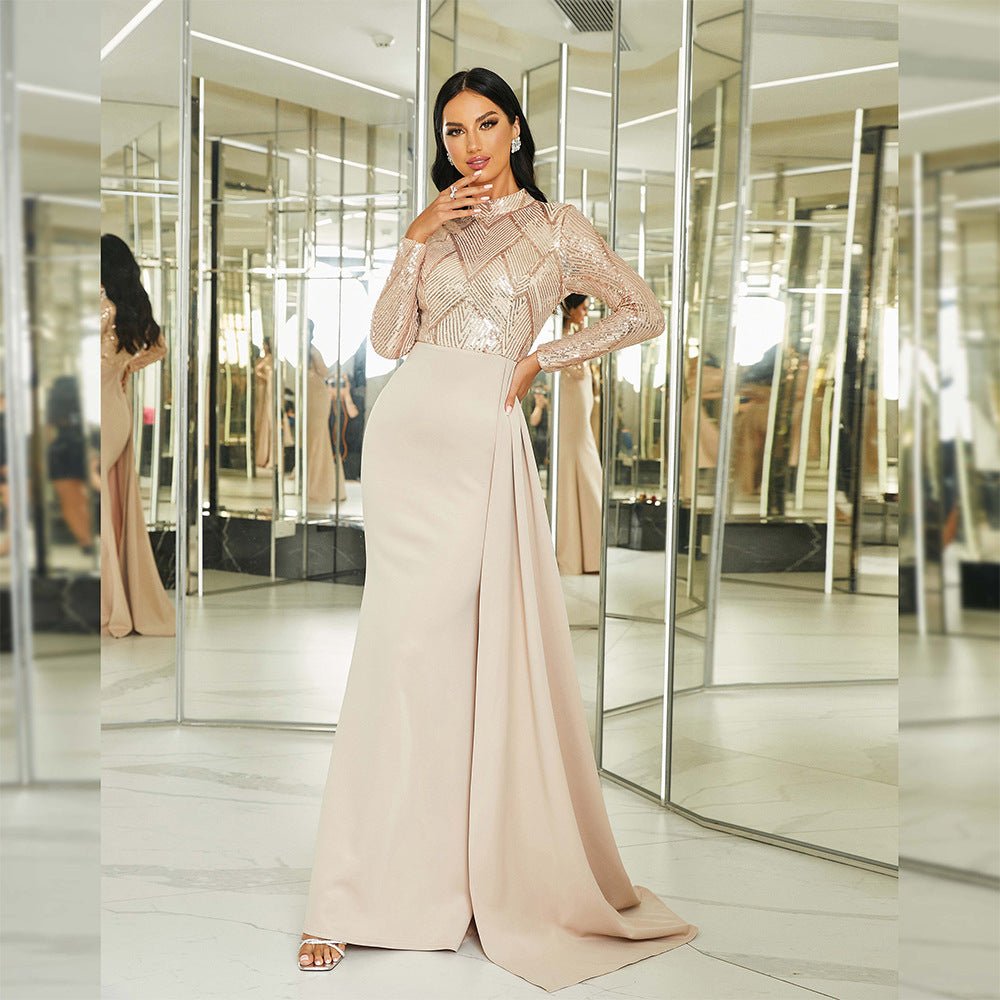 Long sequined round neck banquet evening dress bridesmaid dress - Negative Apparel