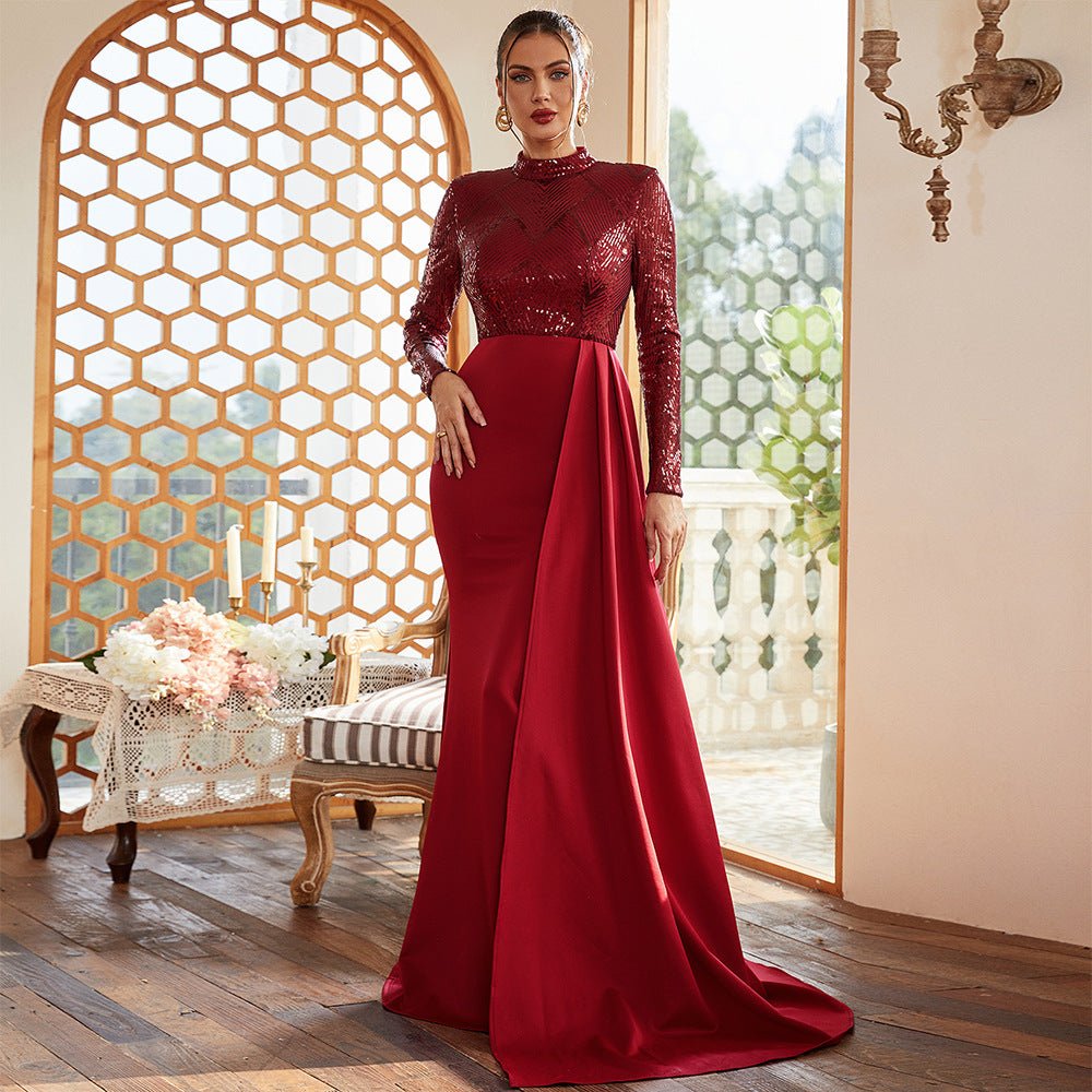 Long sequined round neck banquet evening dress bridesmaid dress - Negative Apparel