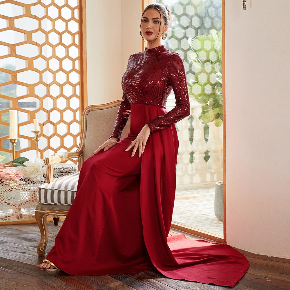 Long sequined round neck banquet evening dress bridesmaid dress - Negative Apparel