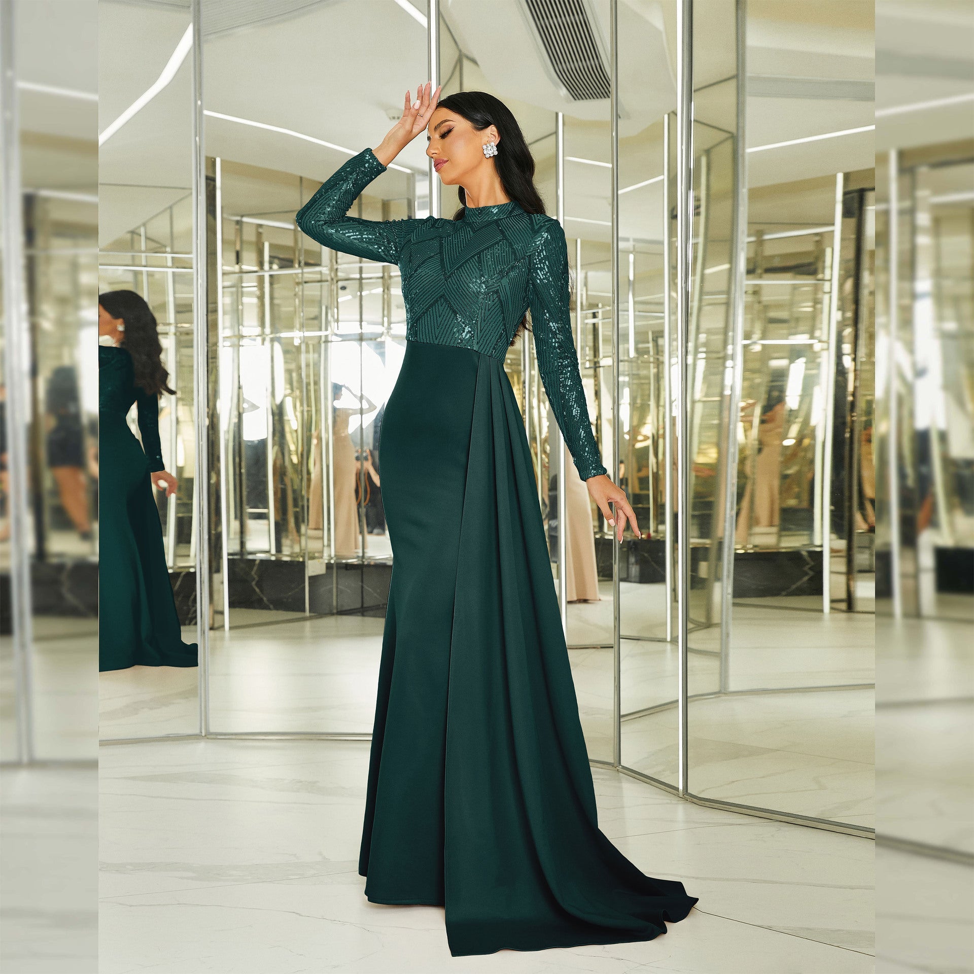 Long sequined round neck banquet evening dress bridesmaid dress - Negative Apparel