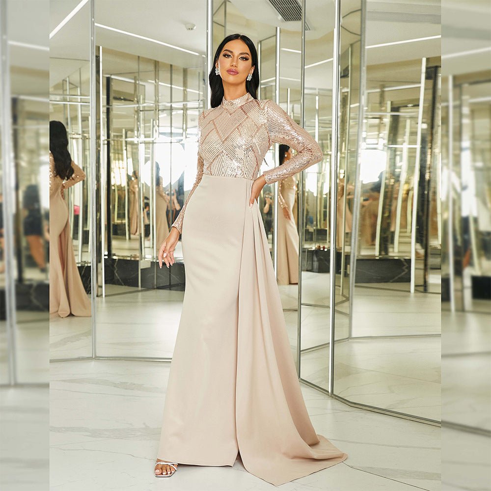 Long sequined round neck banquet evening dress bridesmaid dress - Negative Apparel