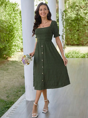 Long skirt with puff sleeves elegant short - sleeved dress with buttons and pleated A - line skirt long dress - Negative Apparel