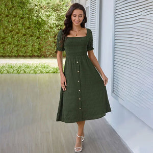 Long skirt with puff sleeves elegant short - sleeved dress with buttons and pleated A - line skirt long dress - Negative Apparel