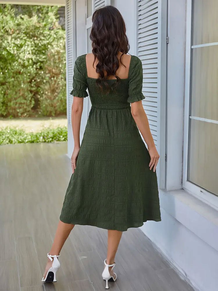 Long skirt with puff sleeves elegant short - sleeved dress with buttons and pleated A - line skirt long dress - Negative Apparel