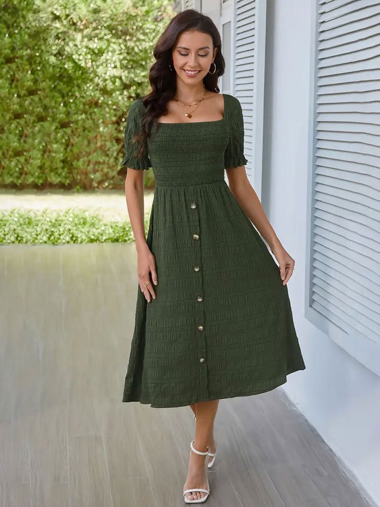 Long skirt with puff sleeves elegant short - sleeved dress with buttons and pleated A - line skirt long dress - Negative Apparel