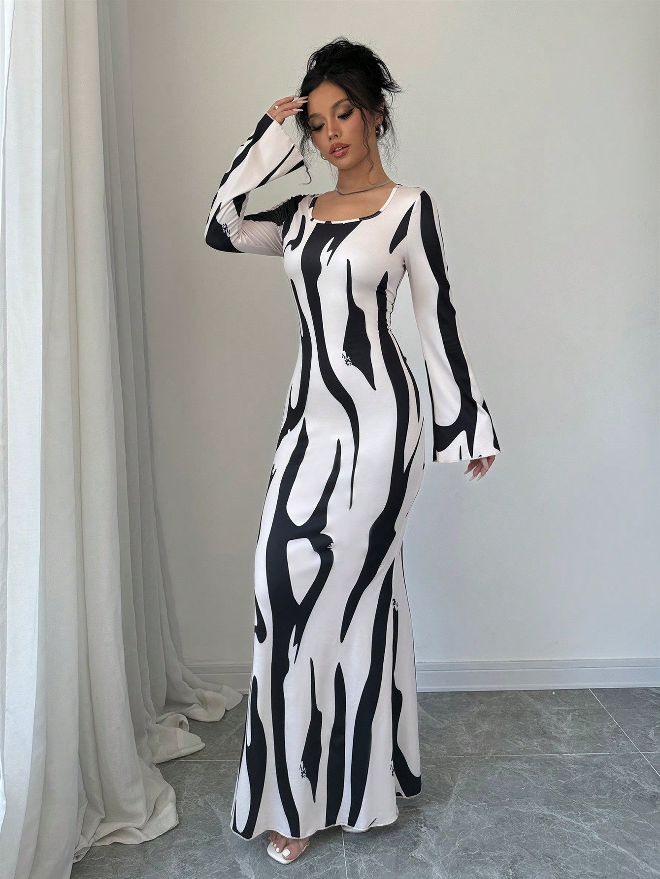 Long Sleeve Square Neck Flare Cuff Backtrack Waisted Digitally Printed Dress For Women Maxi Women Outfit - Negative Apparel