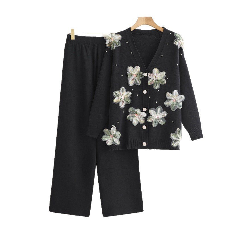 Long - sleeved knitted two - piece set three - dimensional butterfly top wide - leg pants set - Negative Apparel