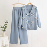 Long - sleeved knitted two - piece set three - dimensional butterfly top wide - leg pants set - Negative Apparel