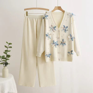 Long - sleeved knitted two - piece set three - dimensional butterfly top wide - leg pants set - Negative Apparel