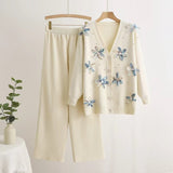 Long - sleeved knitted two - piece set three - dimensional butterfly top wide - leg pants set - Negative Apparel