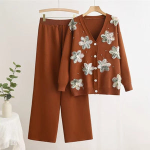 Long - sleeved knitted two - piece set three - dimensional butterfly top wide - leg pants set - Negative Apparel