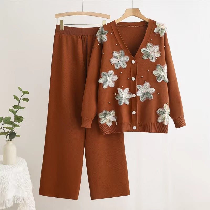 Long - sleeved knitted two - piece set three - dimensional butterfly top wide - leg pants set - Negative Apparel