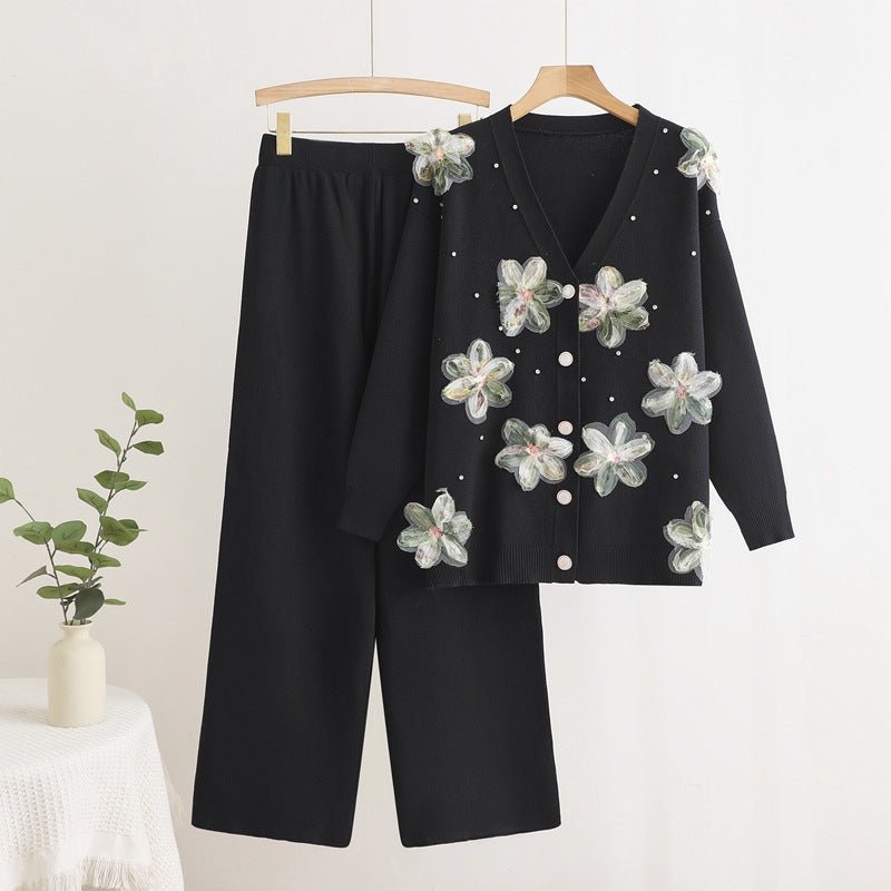 Long - sleeved knitted two - piece set three - dimensional butterfly top wide - leg pants set - Negative Apparel