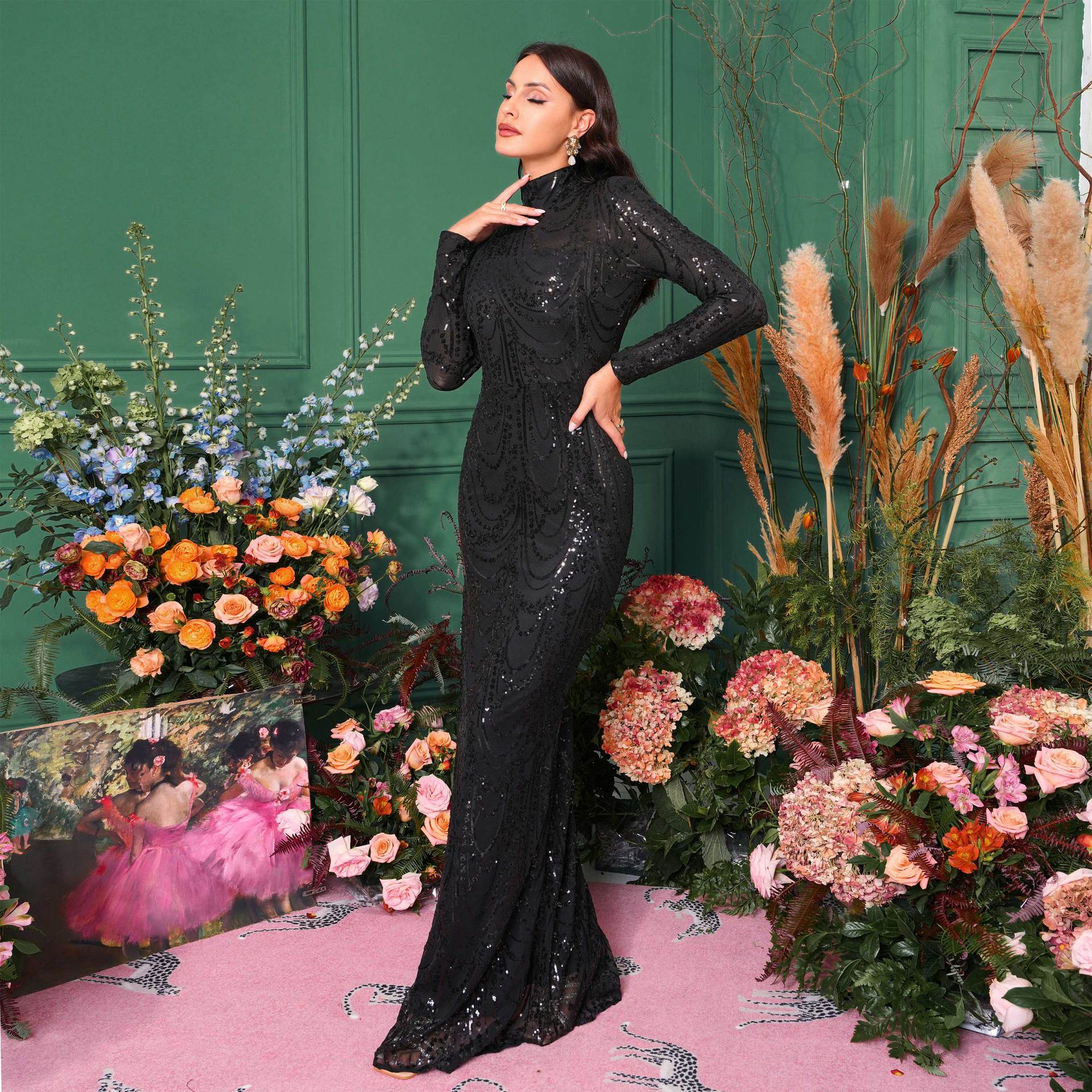 Long - sleeved temperament round neck sxy slim long sequined banquet evening dress bridesmaid dress - Negative Apparel
