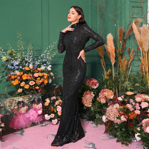 Long - sleeved temperament round neck sxy slim long sequined banquet evening dress bridesmaid dress - Negative Apparel