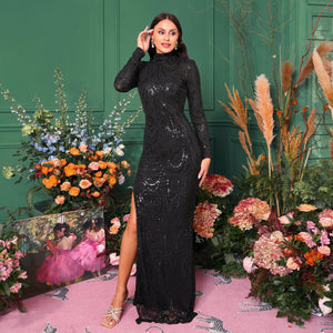 Long - sleeved temperament round neck sxy slim long sequined banquet evening dress bridesmaid dress - Negative Apparel
