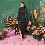 Long - sleeved temperament round neck sxy slim long sequined banquet evening dress bridesmaid dress - Negative Apparel