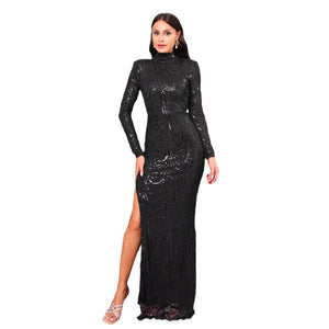 Long - sleeved temperament round neck sxy slim long sequined banquet evening dress bridesmaid dress - Negative Apparel