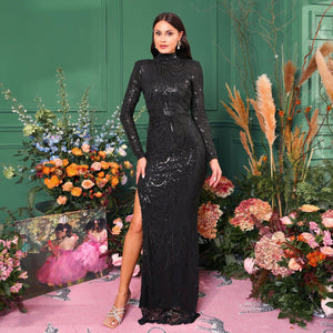 Long - sleeved temperament round neck sxy slim long sequined banquet evening dress bridesmaid dress - Negative Apparel