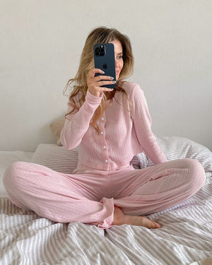 Long - sleeved trousers spring simple casual cardigan pajamas - Negative Apparel