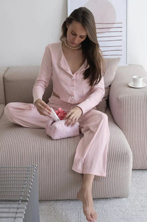 Long - sleeved trousers spring simple casual cardigan pajamas - Negative Apparel