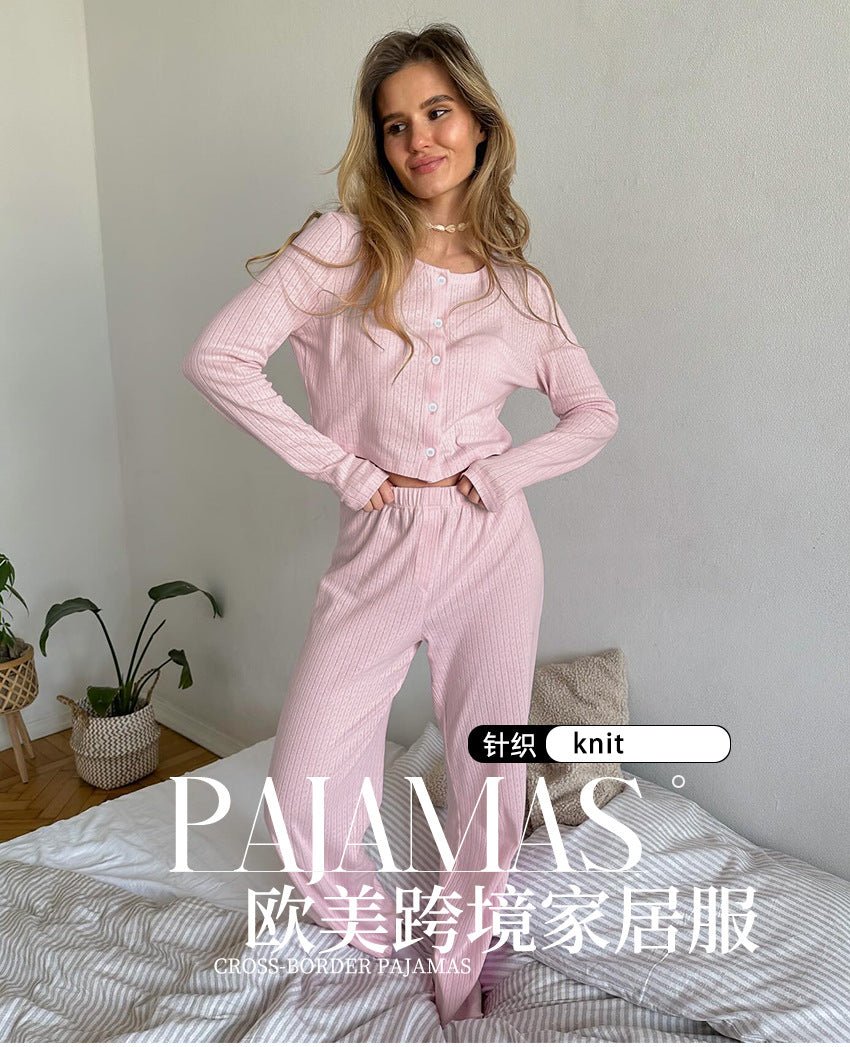 Long - sleeved trousers spring simple casual cardigan pajamas - Negative Apparel